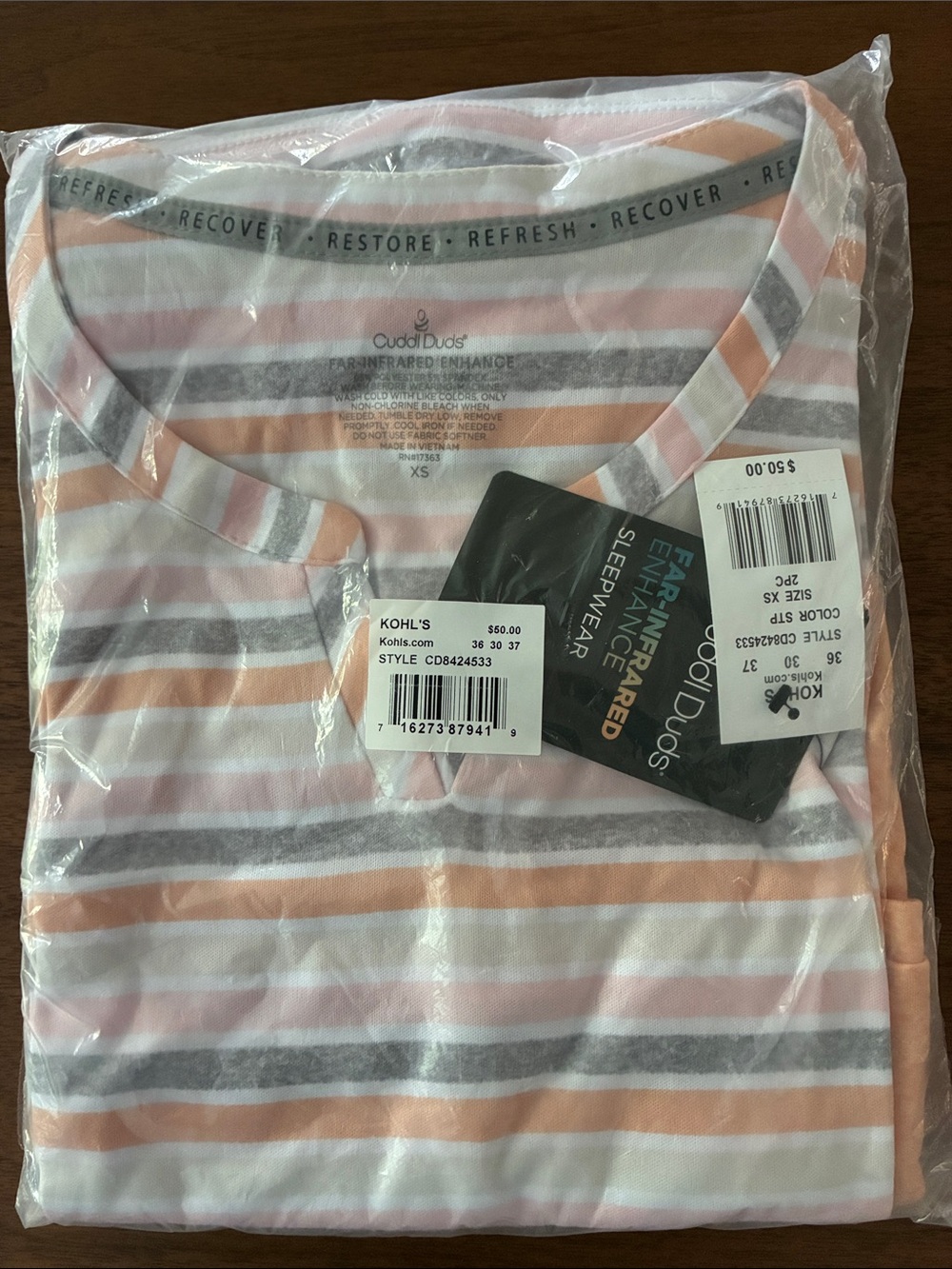 Cuddl Duds Peach, Gray & White Striped Pajama Set